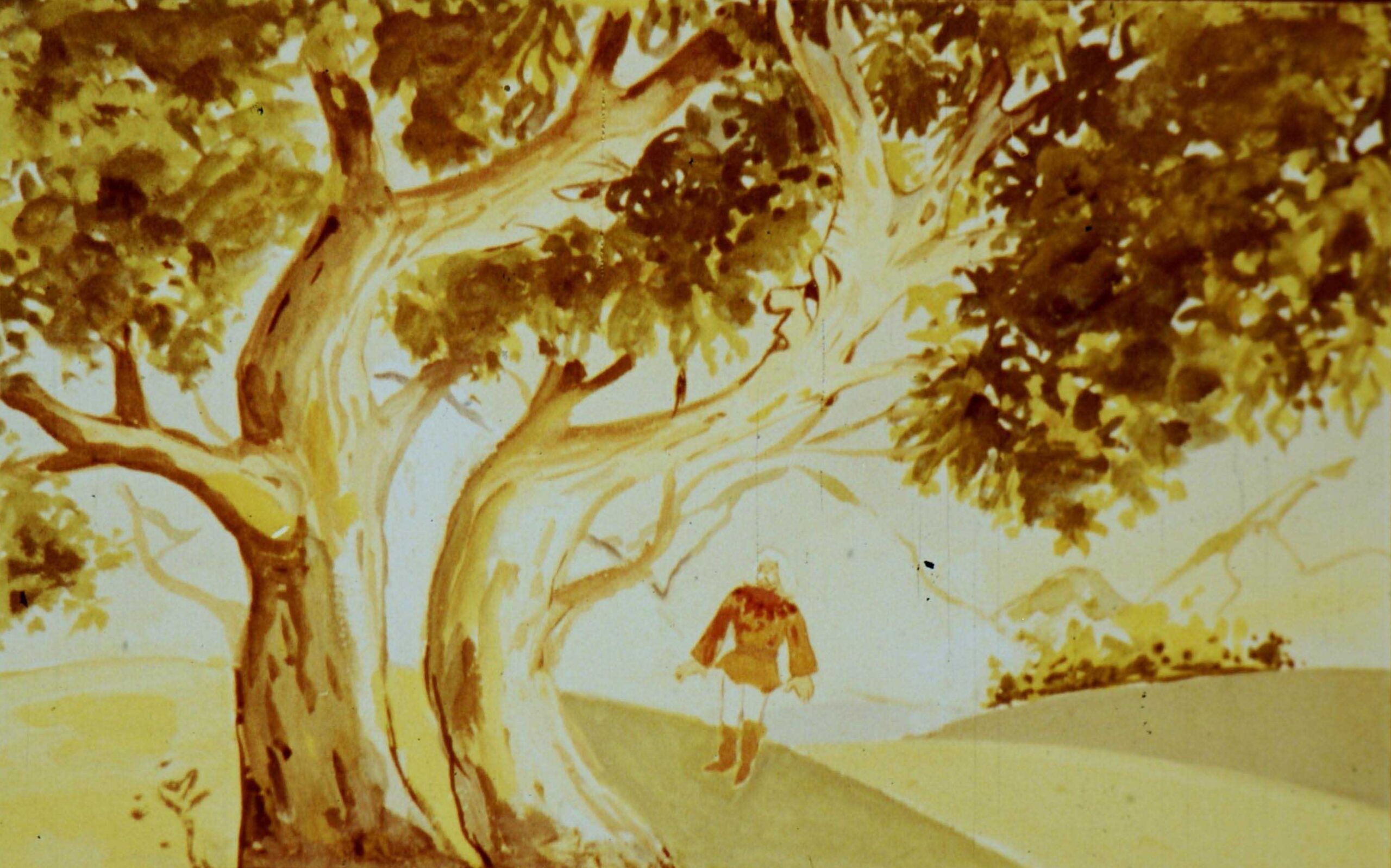 Imaginea ilustrează un bătrân care ascultă doi stejari vechi, cu un text literar scris în partea de jos, care vorbește despre un vânt și invazia tătarilor.