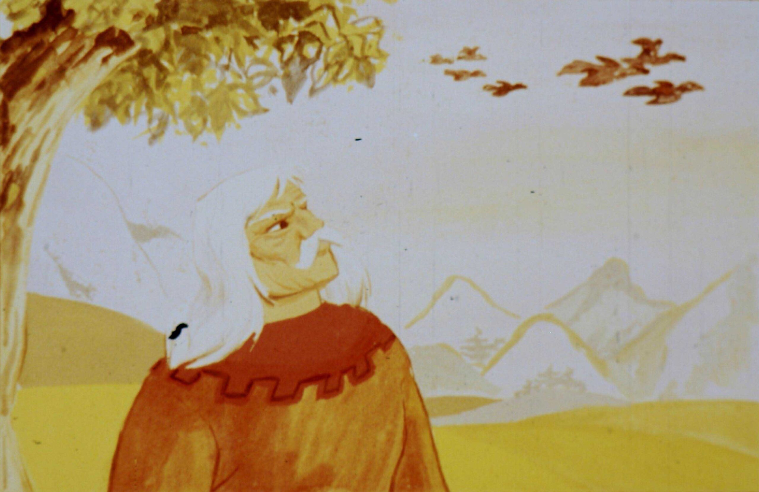 Ilustrație a unui bătrân privind spre cer, cu un peisaj în fundal și text asociat.