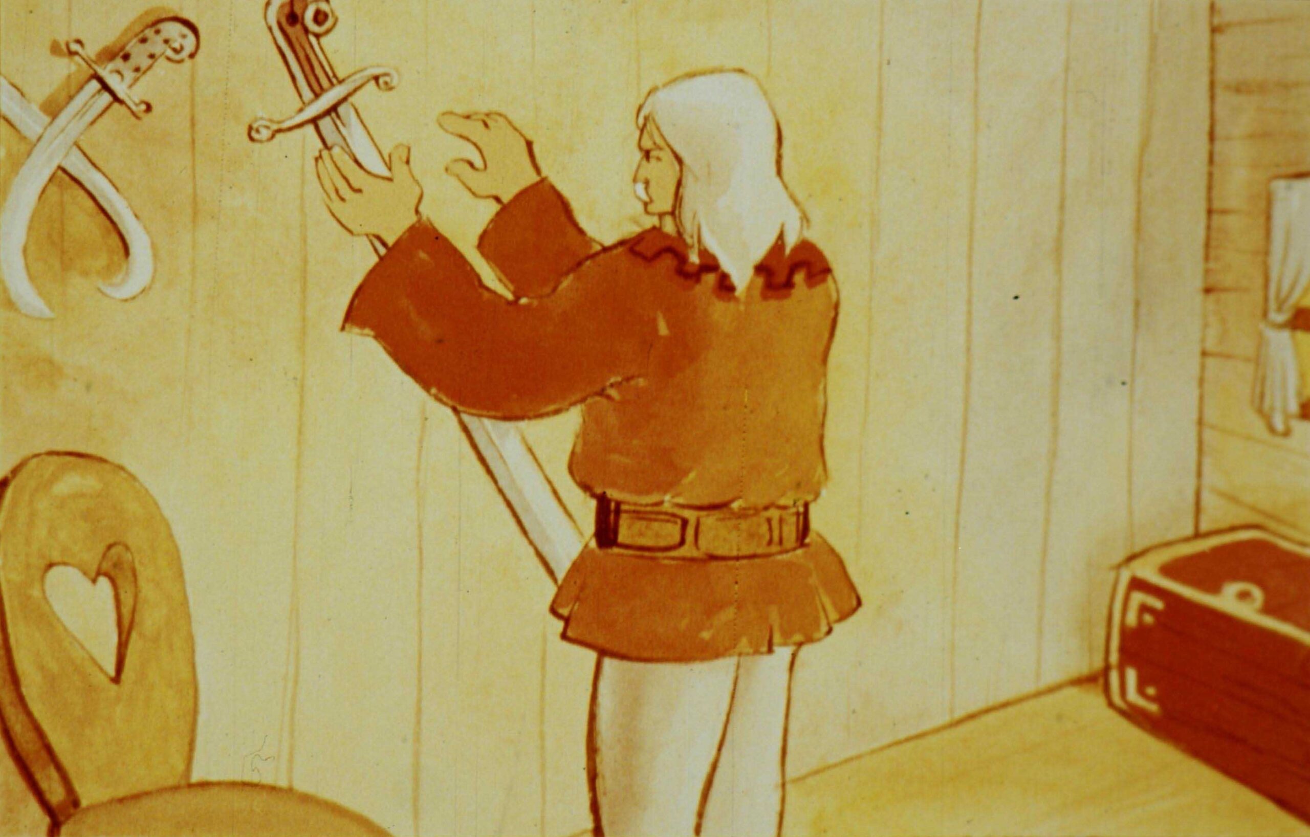 Un bătrân în haine tradiționale desprinde un palos din cui, iar arma strălucește în mâna sa.