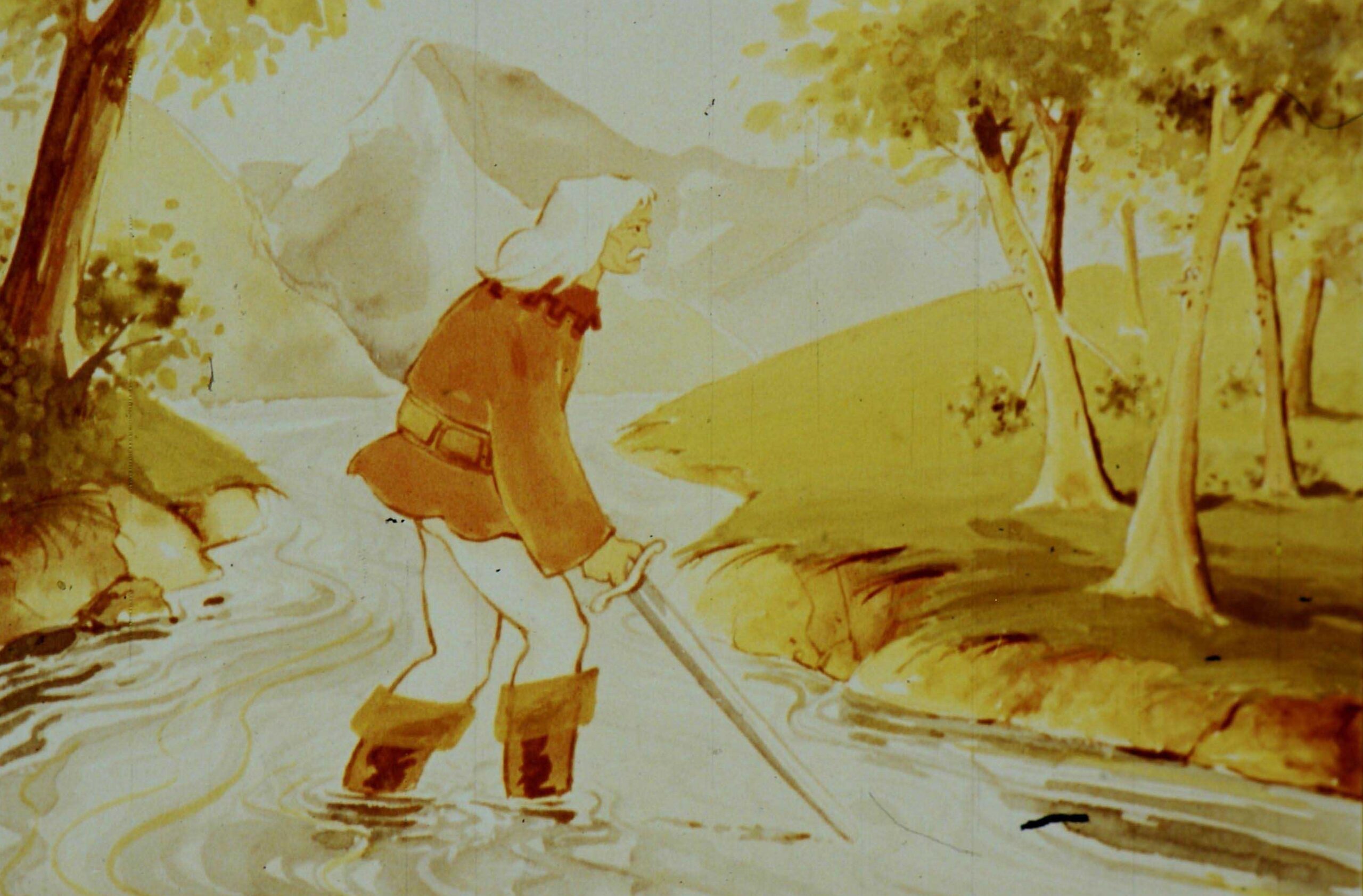 Imaginea ilustrează un om de munte care traversează un râu, cu copaci și munți în fundal, însoțit de un text poetico-literar.