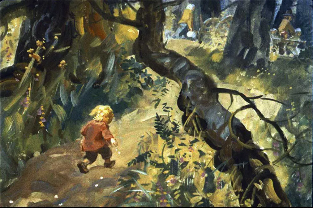 O pictură colorată care ilustrează un copil blond într-o pădure, mergând pe un drum. Pe fundal se observă plante verzi și un copac mare. Lumina este blândă și sugerează o atmosferă de poveste.
