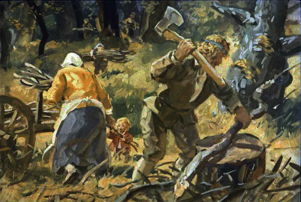 O scenă de lucru în pădure, cu oameni care taie lemne, reprezentând muncă agricolă tradițională.