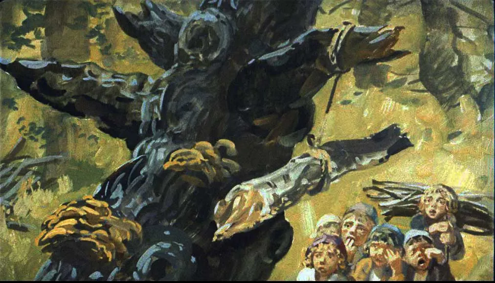 O scenă artistică care ilustrează o entitate misterioasă asemănătoare unui copac, înconjurată de mai mulți oameni cu expresii de frică și uimire, în mijlocul unei păduri.