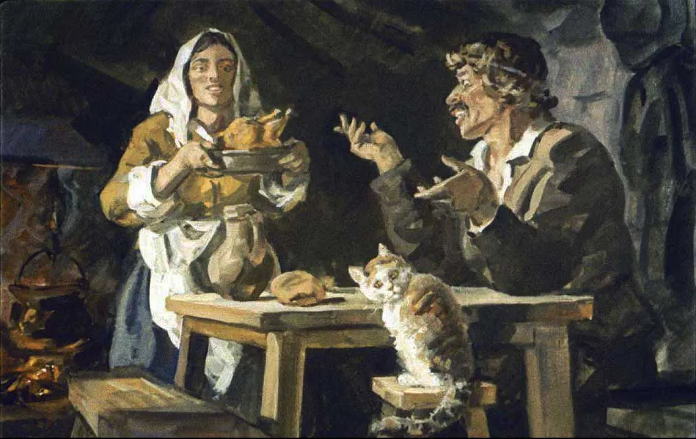O pictură care ilustrează o femeie oferind mâncare unui bărbat la o masă, cu un pisoi pe scaunul din fața lor.