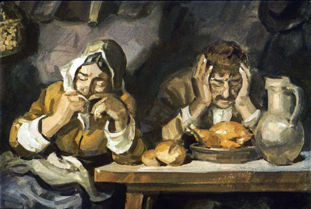 O pictură care surprinde o scenă de interior cu doi oameni la o masă, unul mâncând și celălalt părând îngrijorat, cu un vas de ceramică și o farfurie cu mâncare pe masă.