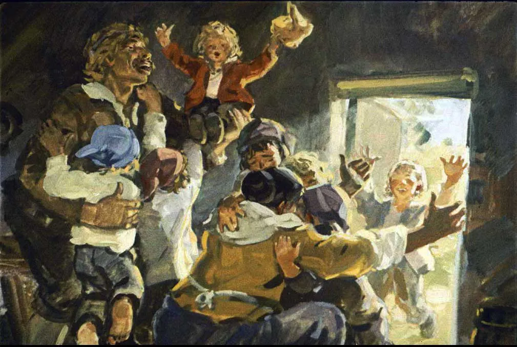 Oază de bucurie și reuniune familială, cu oameni și copii zâmbind și îmbrățișându-se într-un cadru luminos.