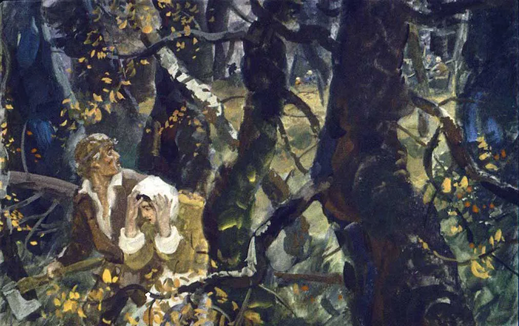 Un copil cu părul blond și mocetoe roșie stă pe podea lângă un motan mare, privindu-l cu o expresie de frică sau tristețe.