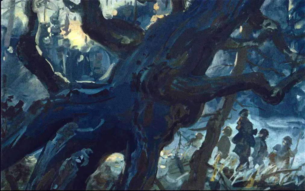 Ilustrație a unui copil cu păr blond care merge pe un alee în pădure, înconjurat de flori și copaci, cu un păun și alte animale vizibile în fundal.