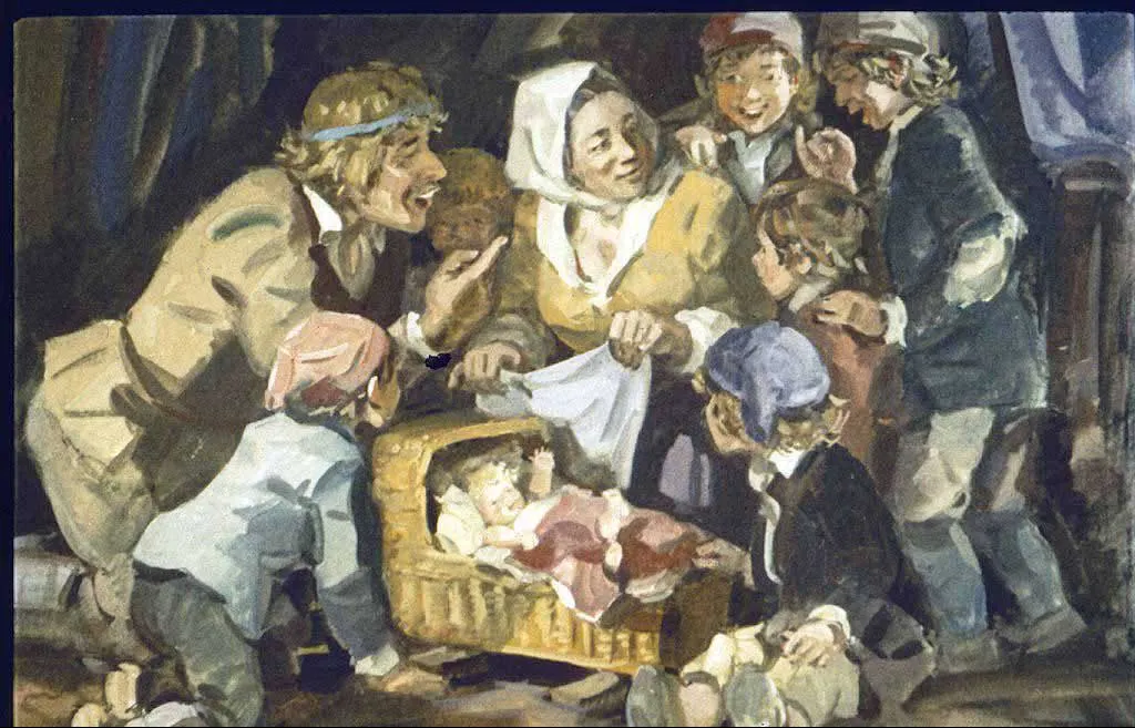 Un grup de persoane, inclusiv copii și adulți, se adună în jurul unei pătuț cu un bebeluș, interacționând și zâmbind.