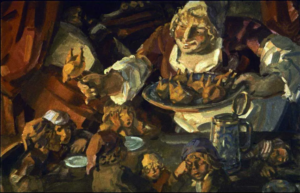 Imagine artistică a unui copac mare în prim-plan, cu o atmosferă nocturnă, detalii ale unei păduri în fundal și siluete de oameni pe calea dintre copaci.