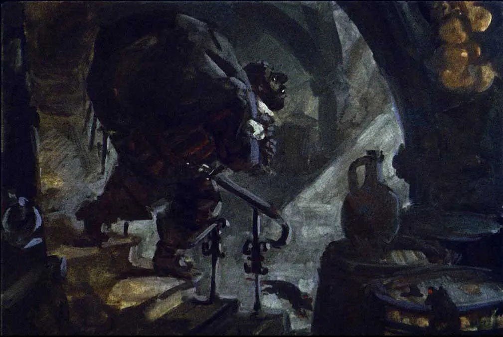 O pictură care înfățișează o scenă nocturnă cu un castel iluminat în fundal, înconjurat de copaci mari și siluete care par să observe castelul.