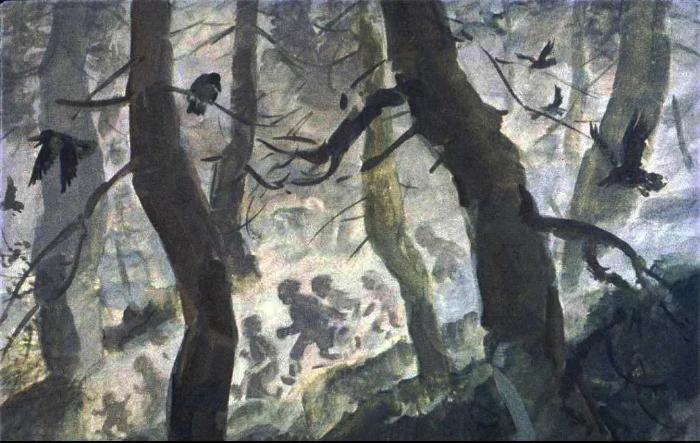 O scenă ilustrată cu o persoană mare în ploaie, aplecată peste un balustradă, privind către o persoană mică, îmbrăcată cu un mantou, ce salută. În fundal, se văd mai multe figuri. Un felinar luminează scena.