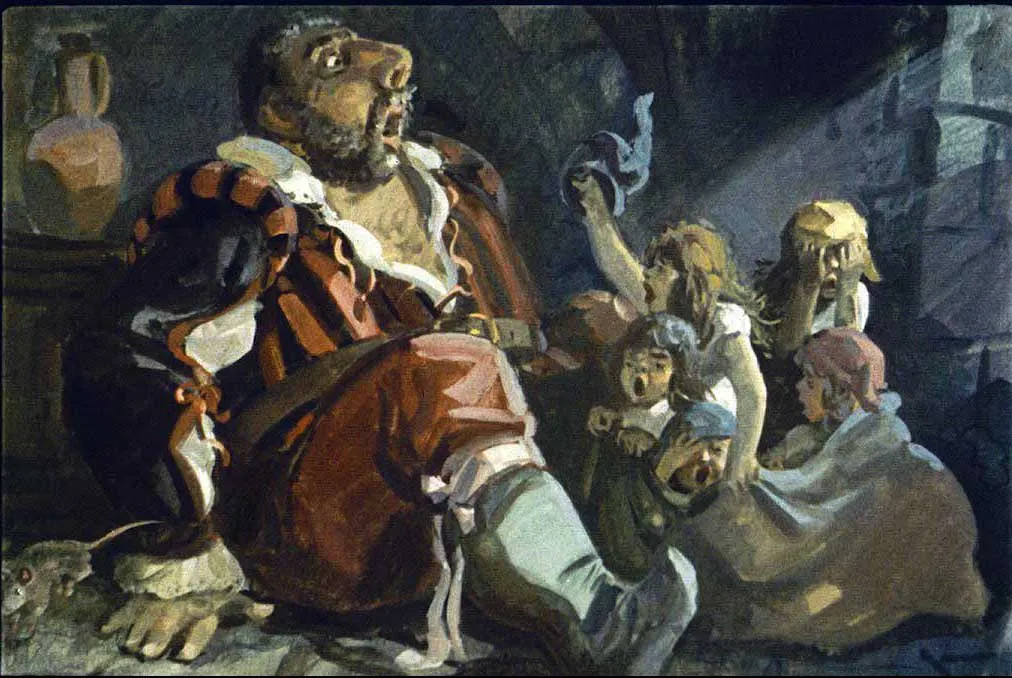 Ilustrație cu o femeie îmbrăcată într-o rochie tradițională, care interacționează cu copii în jurul unui șemineu aprins.