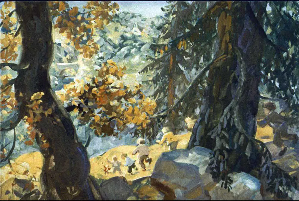 Imaginea prezintă un tablou cu o scenă de interior, unde un bărbat cu pălărie stă pe un scaun, ținând o foaie de hârtie și un pahar, într-un decor artistic.