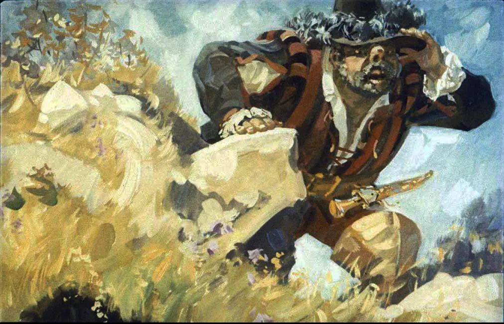 O pictură care ilustrează un bărbat cu o pălărie mare și o cămașă elaborată, stând la o masă, cu un cuțit în mână și un stein lângă el, în fața unui foc de tabără.