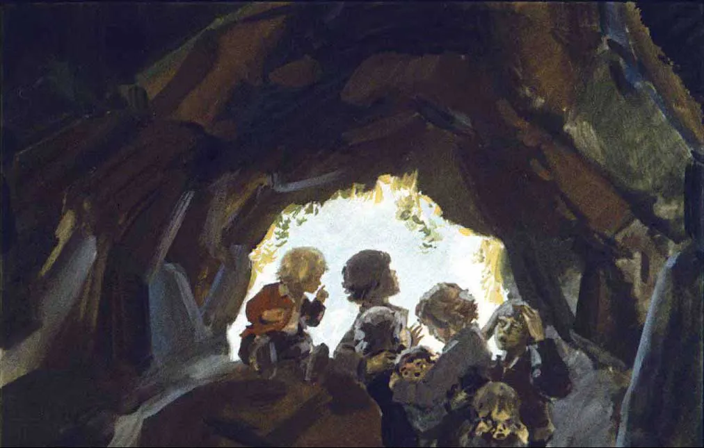 O pictură care prezintă o figură mare, cu o expresie zâmbitoare, înconjurată de copii care interacționează cu ea.