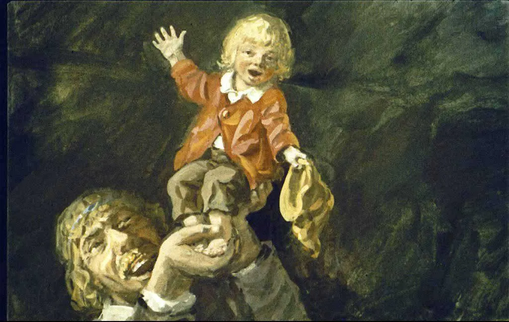 O pictură în care un bărbat ține un copil pe palma sa, iar copilul zâmbește și salută cu o mână, ținând o pălărie în cealaltă.