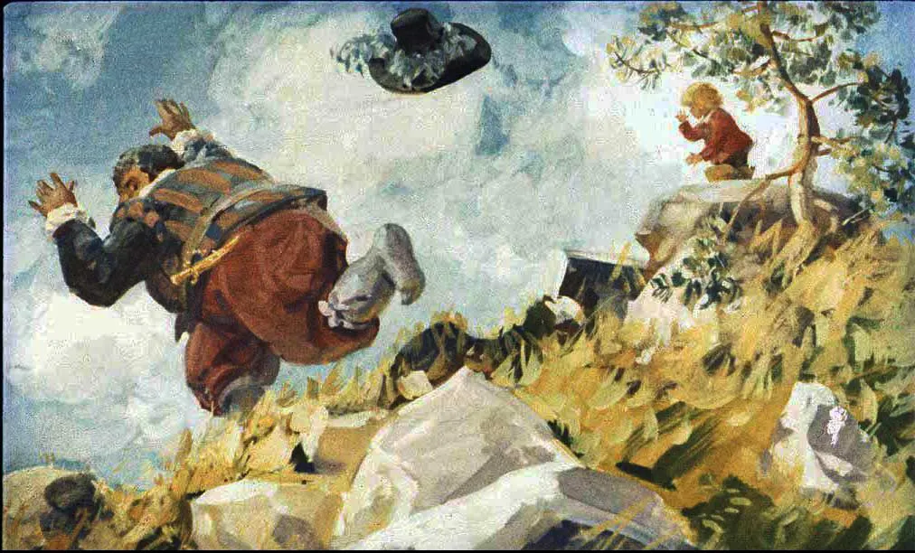 Pictură care ilustrează o scenă de interacțiune între o femeie și un bărbat, înconjurați de personaje mai mici într-un decor colorat.