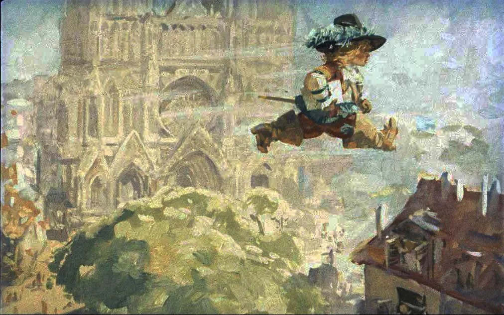 O pictură în care o femeie plină de viață, îmbrăcată în haine tradiționale, servește pui prăjiți unui grup de copii care o privesc cu interes, într-un decor de restaurant vechi.