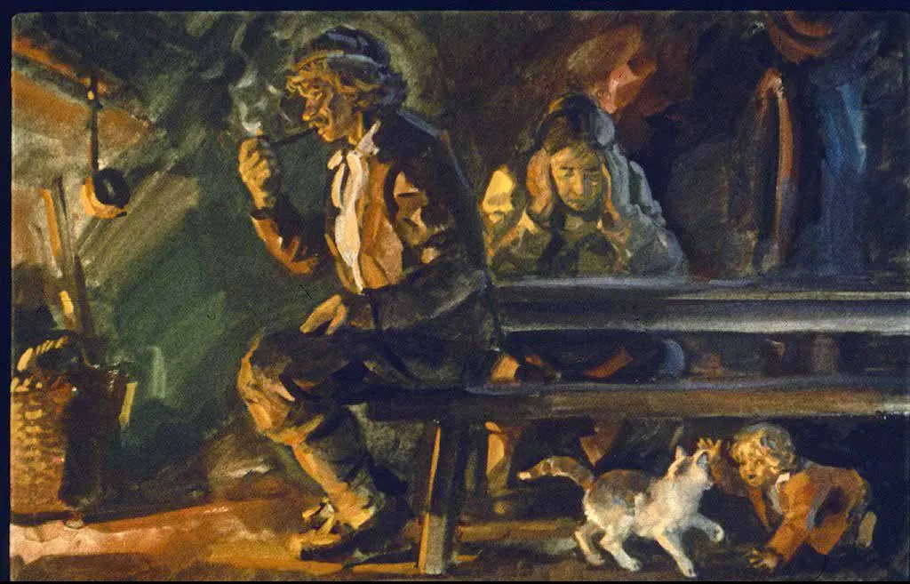 O scenă artistică ce ilustrează o persoană fumând, în timp ce o altă persoană pare să se gândească, alături de un câine și un copil care se joacă, într-un interior rustic.