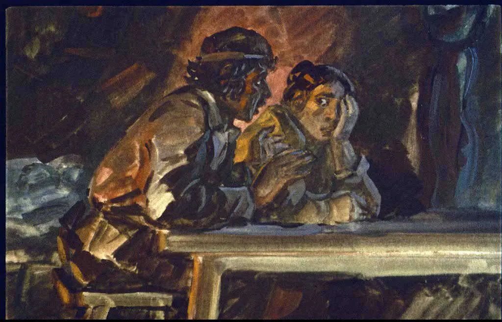 Imagine artistică reprezentând două figuri umane, una în poziție de gândire, la o masă.