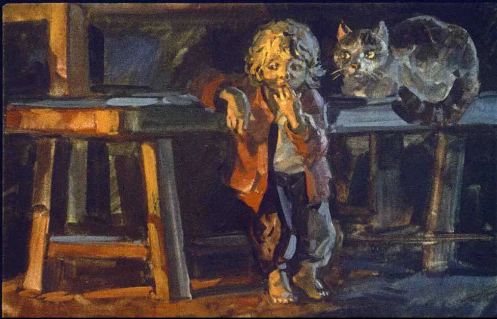 Imagine artistică cu un copil cu părul blond și o pisică lângă o masă.