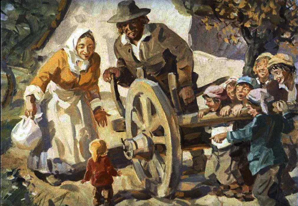 O scenă pastorală cu un grup de oameni, inclusiv o femeie și un bărbat lângă o roată mare, interacționând cu copii pe o fundal natural.