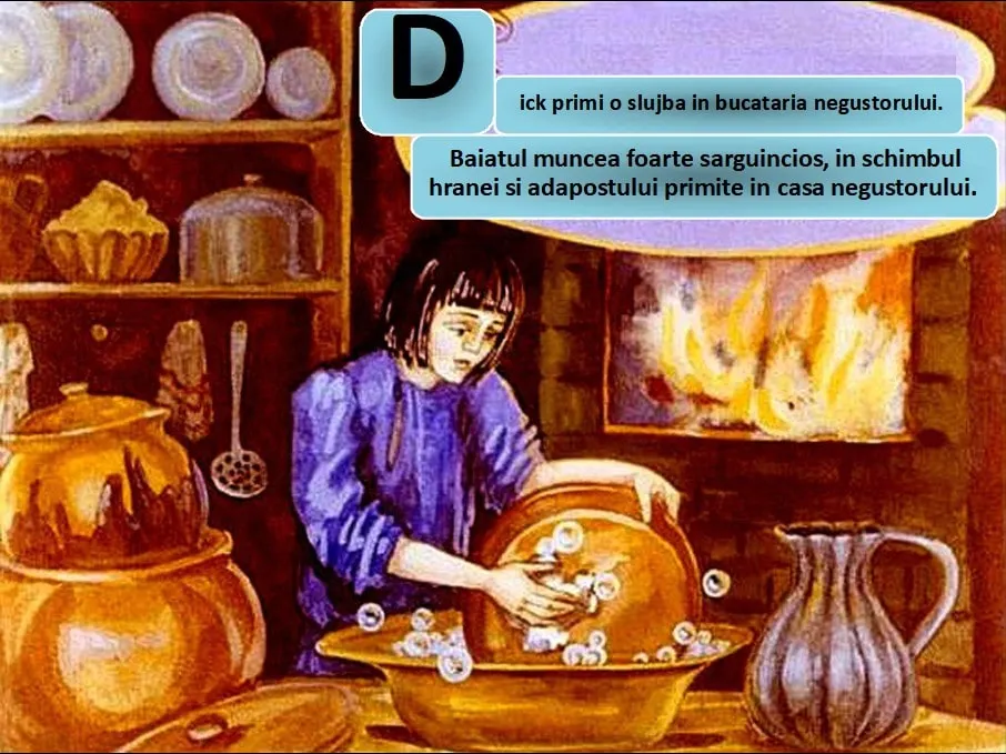 Ilustrare cu un băiat care lucrează în bucătăria unui negustor, înconjurat de vase și preparate culinare.