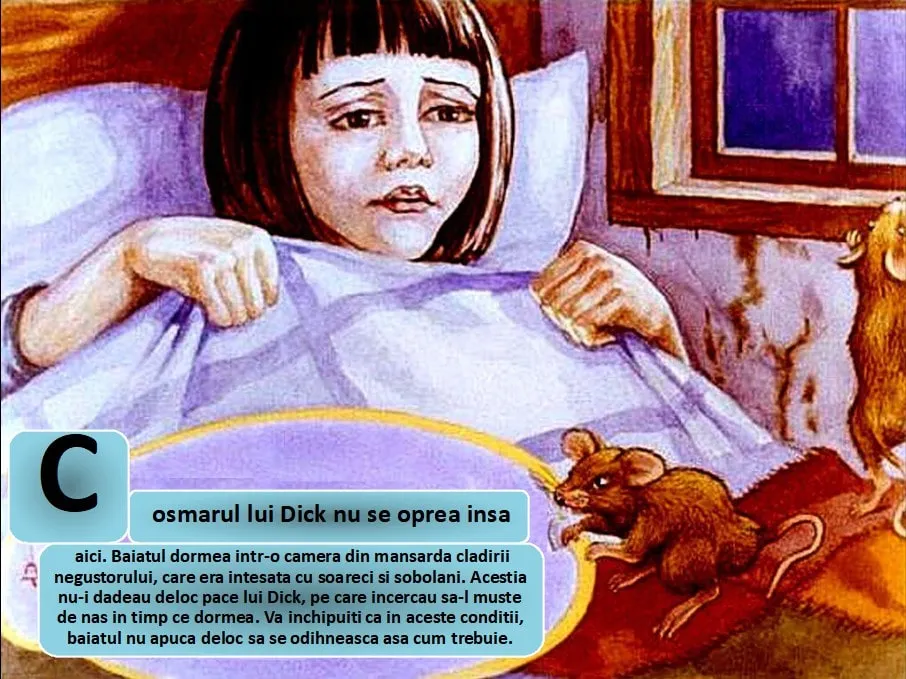 Ilustrație a unui băiat înfiorat, dormind în pat, înconjurat de soareci și sobolani, cu un text descriptiv despre visul său.