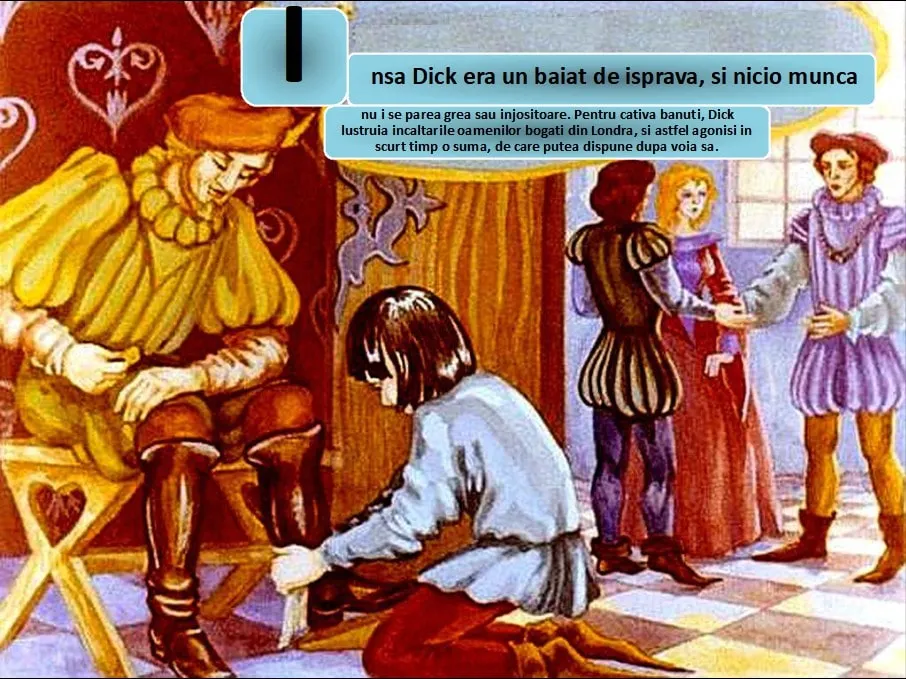 Imagine cu un baiat care lucreaza la incaltamintea unor nobili intr-o scena istorica.