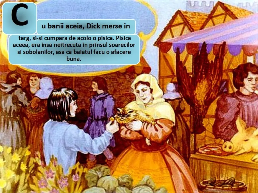 Ilustrație cu un băiat cumpărând o pisică de la o femeie într-o piață, înconjurați de alte persoane și produse.