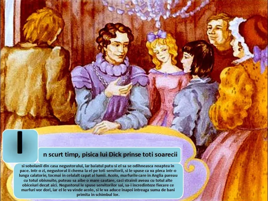 Ilustrație cu un bărbat care vorbește și mai multe personaje în fundal. Textul din imagine discută despre un negustor și servitorii săi.