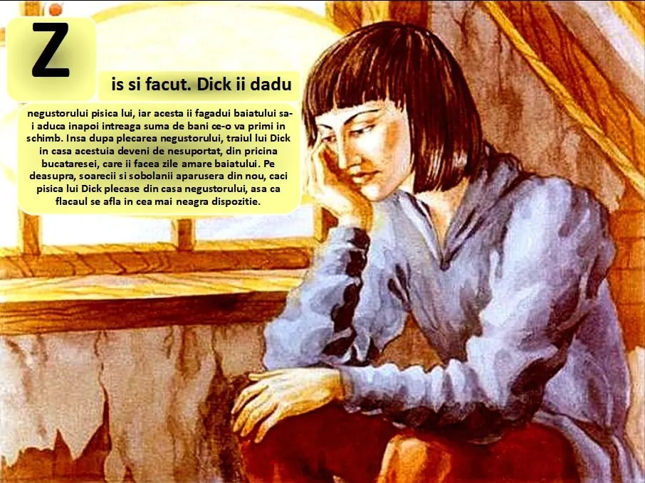 Text scris pe un fundal ilustrat, care descrie o poveste despre un băiat și pisica sa.