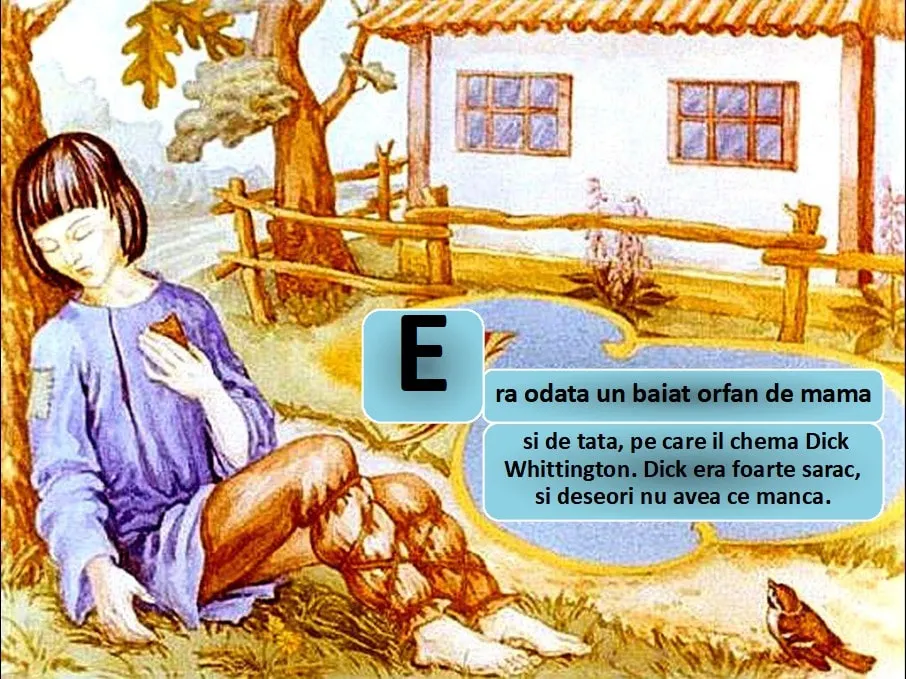 Ilustratie cu un baiat orfan, langa o casa, povestea lui Dick Whittington este mentionata.