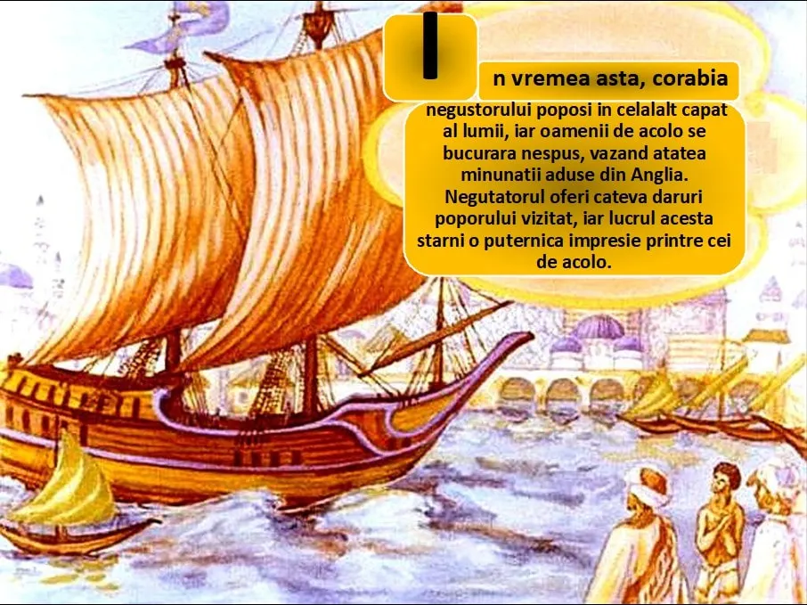 O imagine colorata a unei corabii pe mare, cu un peisaj portuar si oameni admirand corabia.