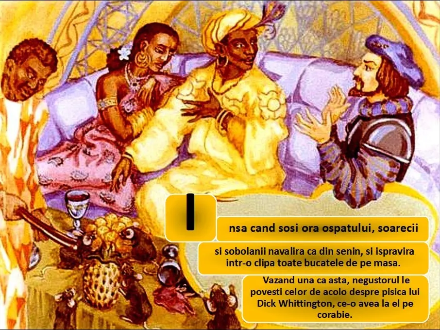 Ilustrație colorată cu o scenă de ospăț, unde personaje diverse interacționează într-un decor vibrant.