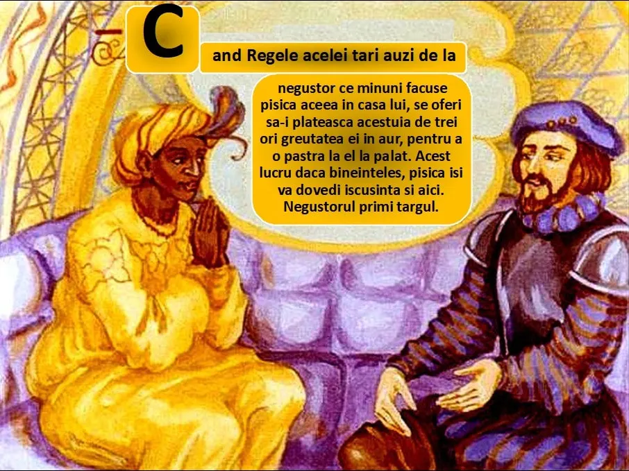 Imagine ilustrativă cu doi bărbați care discută, unul purtând o îmbrăcăminte tradițională și celălalt în haine medievale, înconjurați de un fundal colorat.