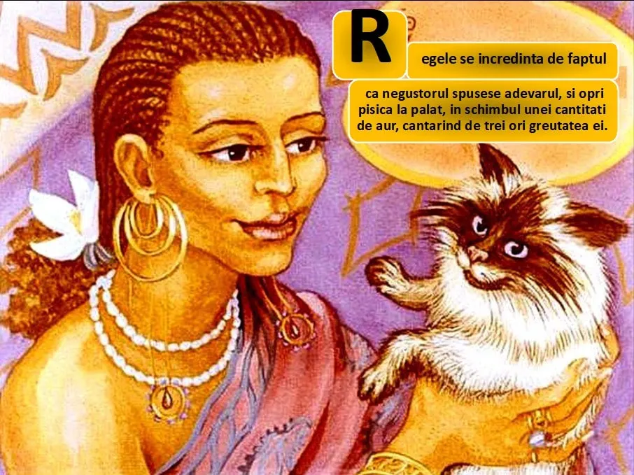 O femeie care ține o pisică, cu un fundal colorat, ilustrând o poveste sau un mit.