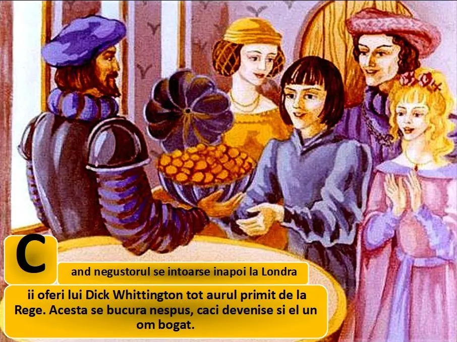 Ilustrație care arată un negustor care se întoarce la Londra, oferind lui Dick Whittington aurul primit de la Rege, într-un cadru festiv.