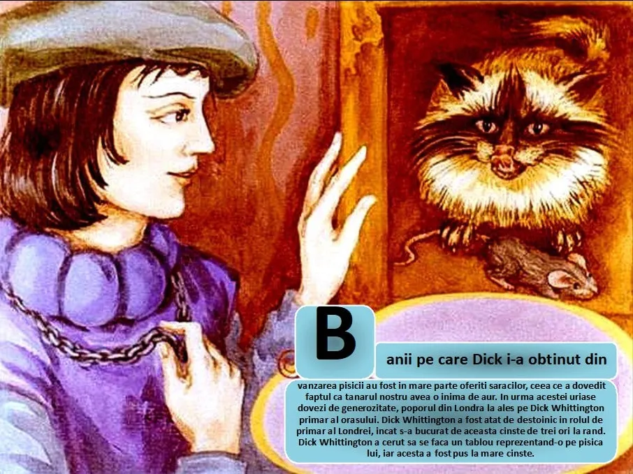 Ilustrație care arată un tânăr privind o pisică pe un tablou, însoțită de text despre Dick Whittington și realizările sale.