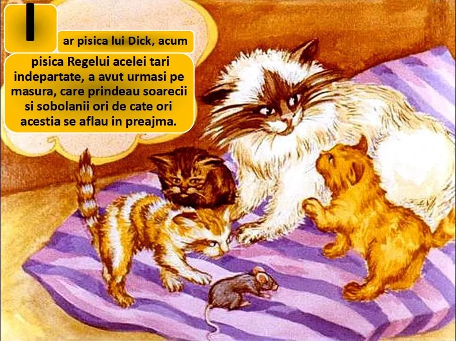 Imagine cu pisici diferite, incluzând o pisică principală cu blană albă și neagră, care interacționează cu alte pisici pe o pătură colorată.