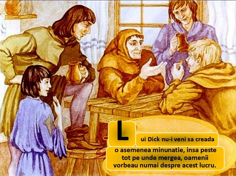 Ilustrare cu mai multe persoane discutand, cu un text care mentioneaza un personaj pe nume Dick si reactiile celor din jur referitoare la el.