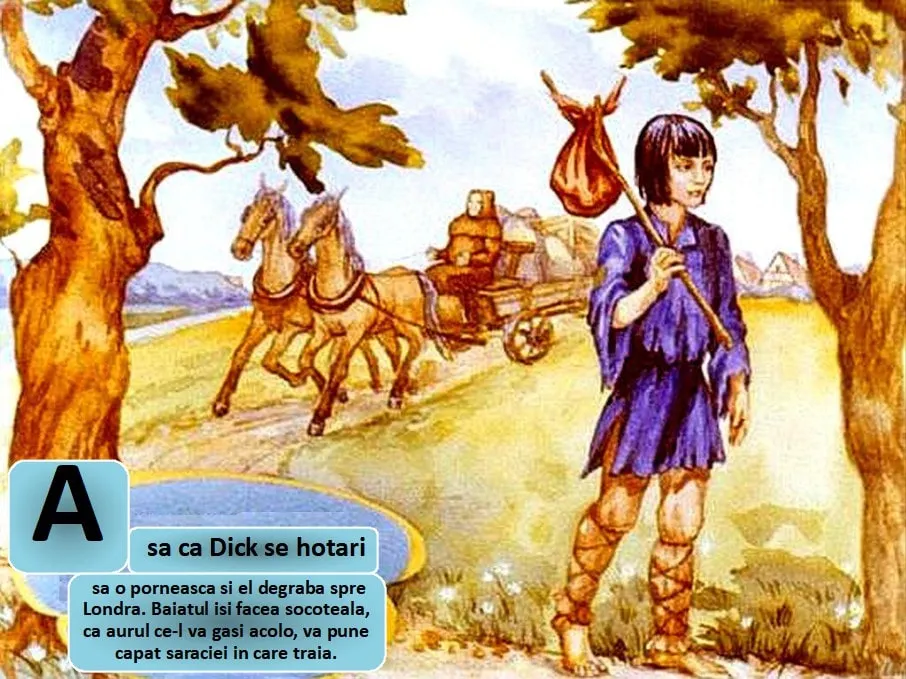 Ilustratie cu un baiat cu o traista, avand un peisaj rural in fundal, care se pregateste sa plece spre Londra.