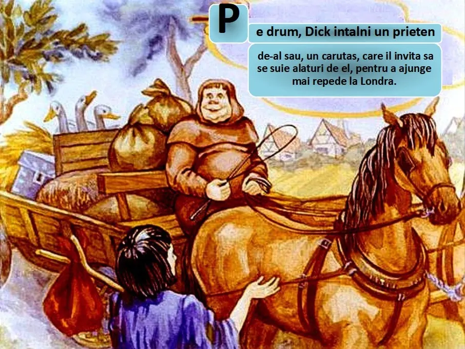 Ilustrație cu un călăreț și un caruț pe drum, înconjurați de natură.