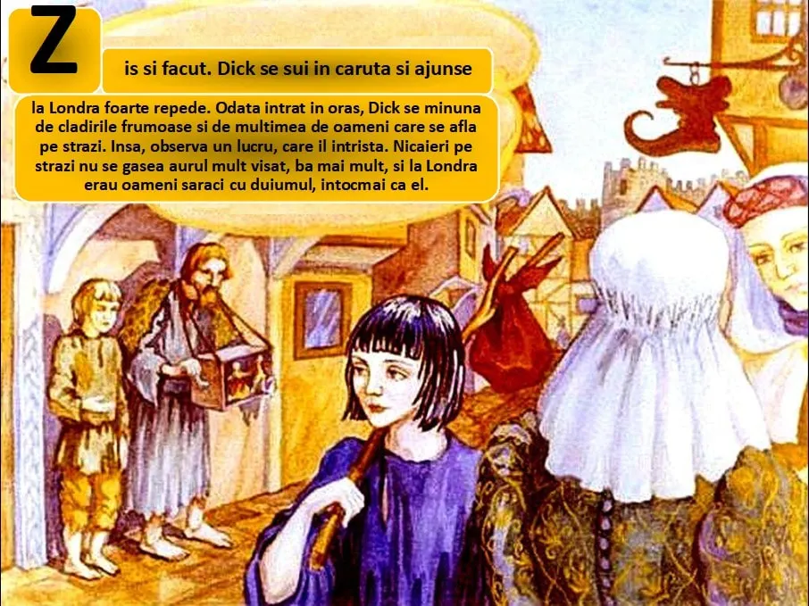 Ilustrare cu personaje care discuta în Londra, cu un text explicativ despre sosirea lui Dick în oraș.