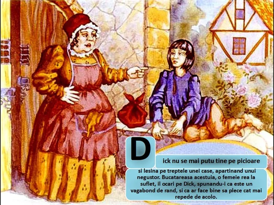 Ilustratie care prezinta un moment dintr-o poveste, in care un baiat este certat de o femeie in fata unei case.