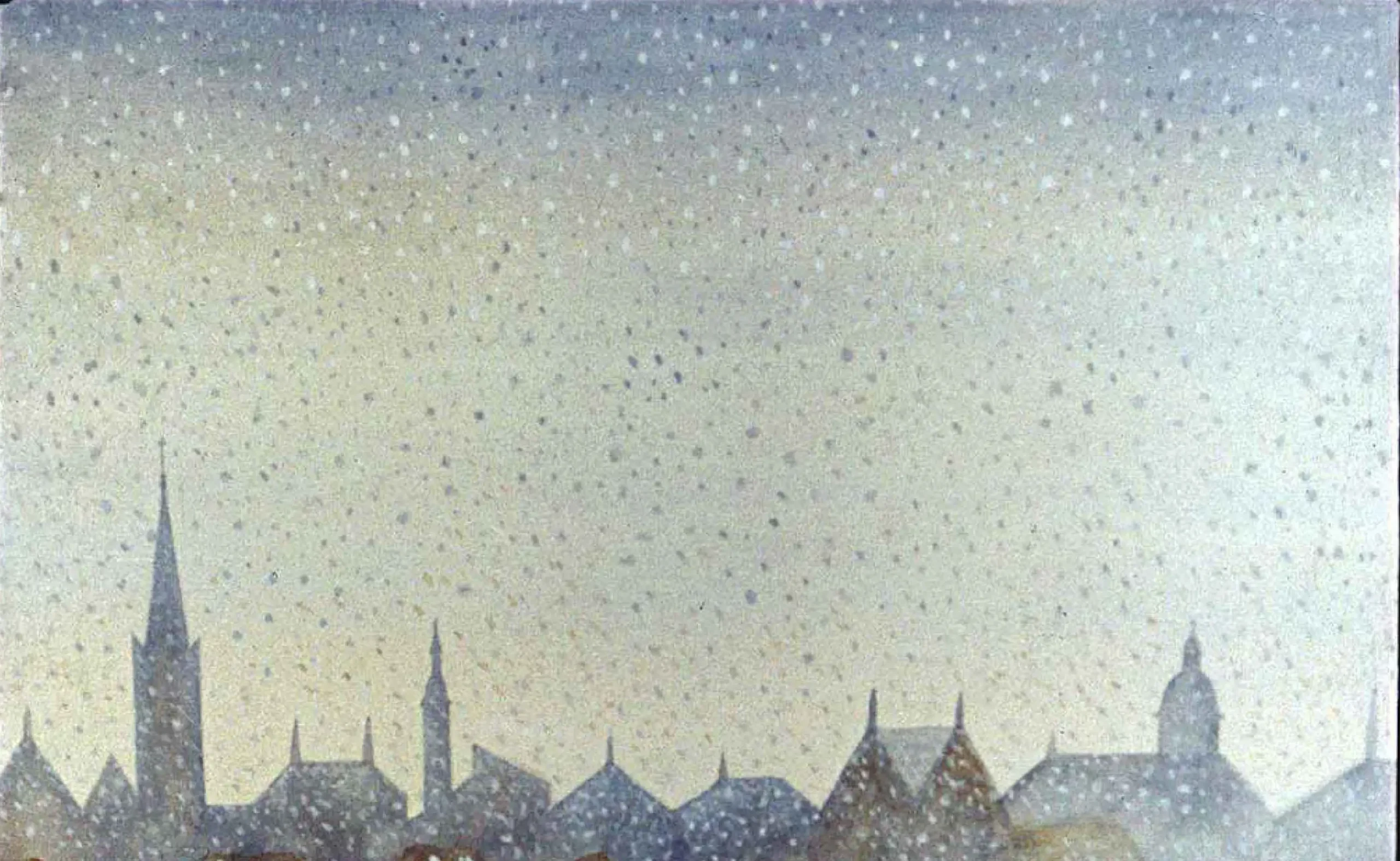 Imagine cu un peisaj urban acoperit de ninsoare, descrisă poetic.