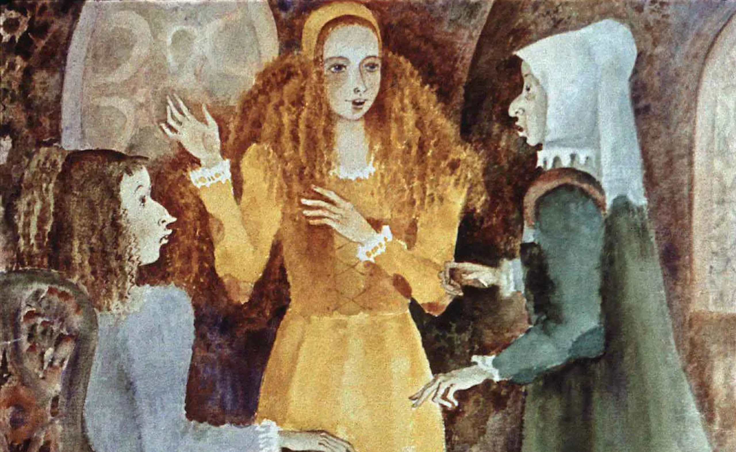 Ilustrație cu trei femei într-o scenă de discuție, una dintre ele povestind despre o întâmplare.