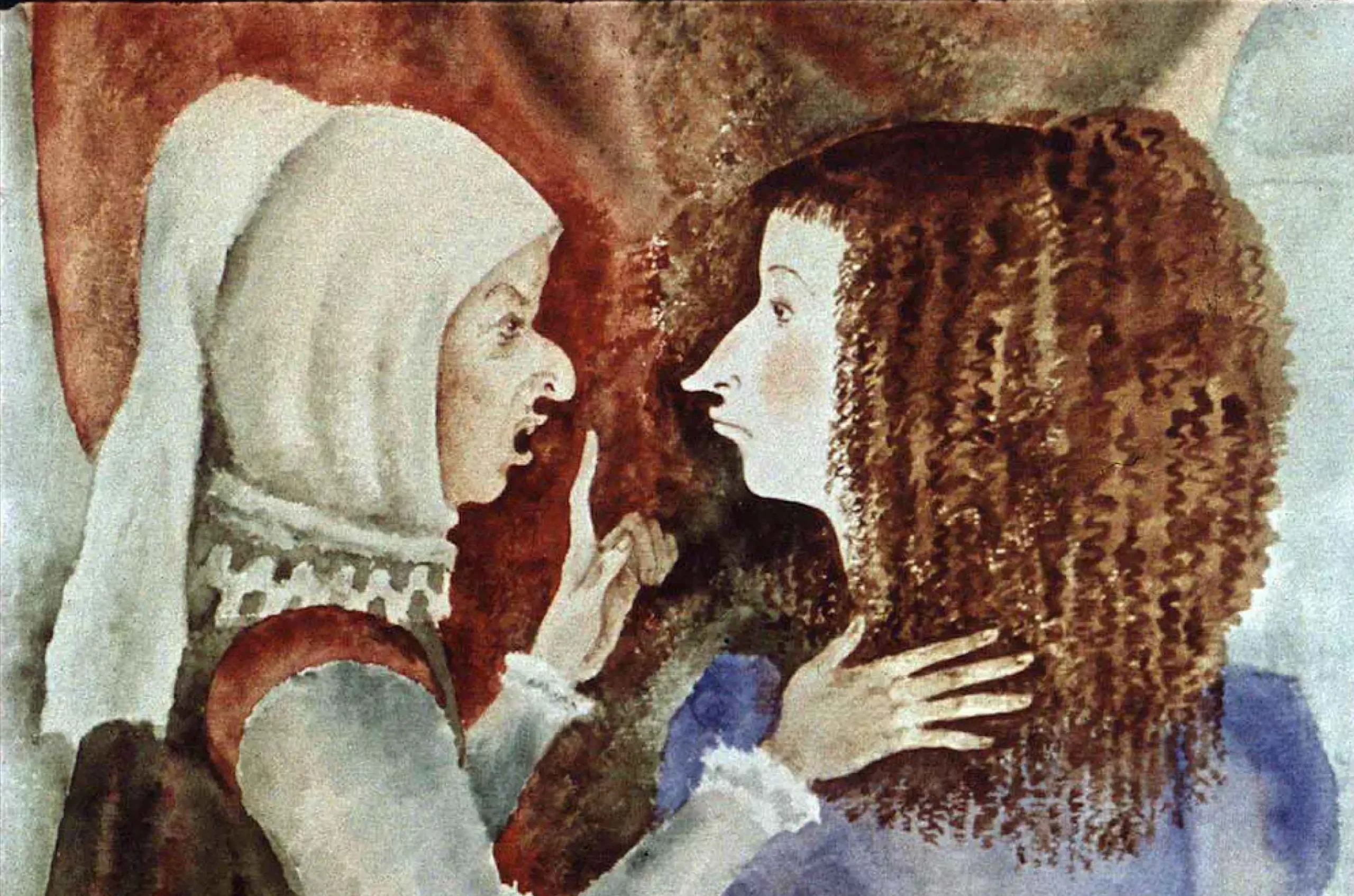 Ilustrație artistică cu două femei, una vorbind către cealaltă, reflectând un moment de conversație și îndrumare.