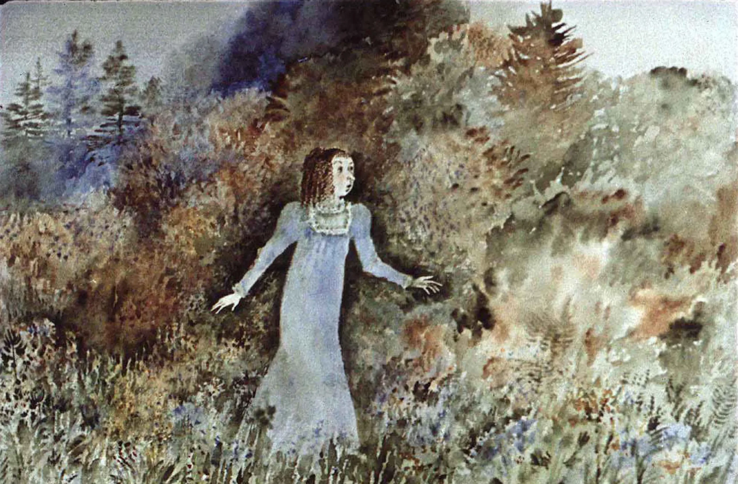 Ilustrație cu o fată într-un peisaj de pădure, în căutarea unei doamne, după ce a sărit într-o fântână.